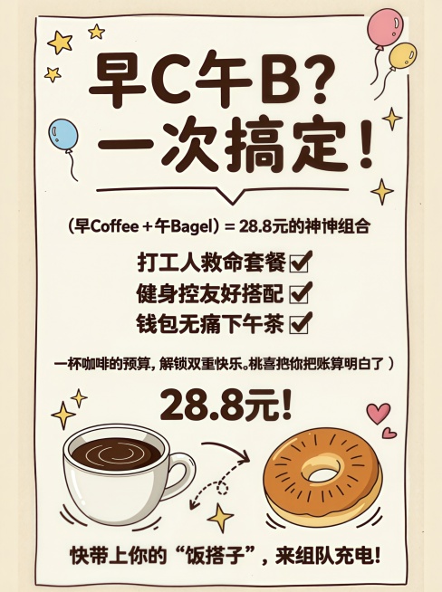 采用图片的设计风格帮我做一张咖啡+贝果的套餐海报，大标题： 早C午B？一次搞定！
副标题/解释： (早Coffee + 午Bagel) = 28.8元的神仙组合
主体文案：
打工人救命套餐 ✅
健身控预览效果