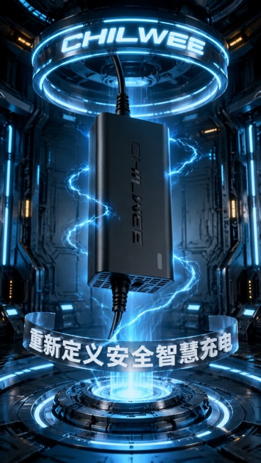 超威充电器商业产品海报，科技赛博朋克机械展厅空间，金属工业框架结构，四周环绕通透蓝色霓虹光管与环形全息发光灯带，金属浅灰机械墙体搭配蜂窝电路暗纹，顶部与底部双层环形发光全息悬浮台，中心悬浮一只超大的超预览效果
