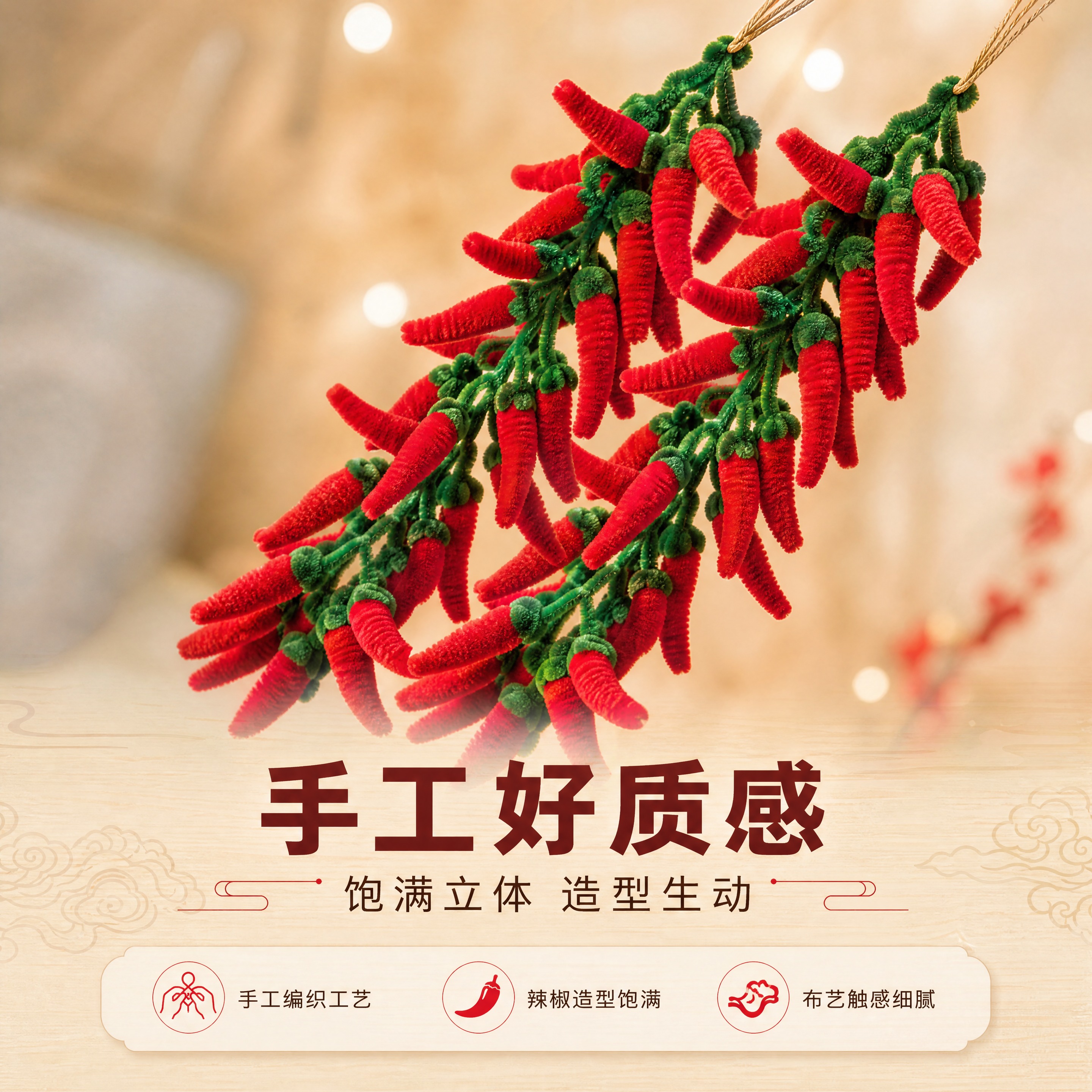 [商品] 使用【图1】布艺红辣椒串挂件特写；保留红色布艺辣椒造… - 图片创意预览