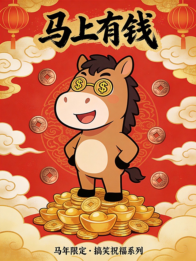 国潮风插画，拟人化卡通马戴金币眼镜，立于金元宝堆上，红金配色喜庆十足，融合灯笼祥云元素，传递马年财运祝福。