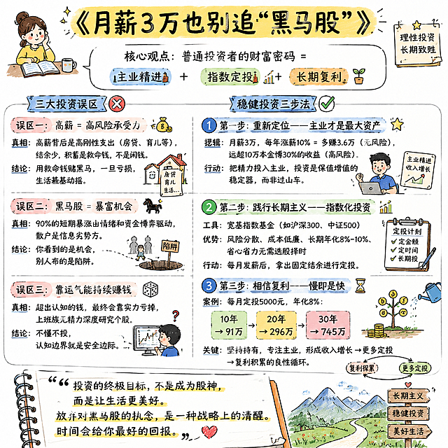 手绘风格一页图解读书笔记，标题是《月薪3万也别追“黑马股”》，核心观点：普通投资者的财富密码 = 主业精进 + 指数定投 + 长期复利。包含三大投资误区：误区一：高薪 = 高风险承受力，真相是高薪背后是高刚性支出（房贷、育儿等），结余少，积蓄是救命钱，不是闲钱，结论：用救命钱赌黑马，一旦亏损，生活根基动摇；误区二：黑马股 = 暴富机会，真相是90%的短期暴涨由情绪和资金博弈驱动，散户是信息劣势方，结论：你看到的是机会，别人布的是陷阱；误区三：靠运气能持续赚钱，真相是超出认知的钱，最终会靠实力亏掉，上班族无精力深度研究个股，结论：不懂不投，认知边界就是安全边际。包含稳健投资三步法：第一步：重新定位——主业才是最大资产，逻辑：月薪3万，每年涨薪10% = 多赚3.6万（无风险），远超10万本金博30%的收益（高风险），行动：把精力投入主业，投资是保值增值的稳定器，而非过山车；第二步：践行长期主义——指数化投资，工具：宽基指数基金（如沪深300、中证500），优势：风险分散、成本低廉、长期年化8%-10%、省心省力无需选股择时，行动：每月发薪后，拿出固定结余进行定投；第三步：相信复利——慢即是快，案例：每月定投5000元，年化8%：10年→91万，20年→296万，30年→745万，关键：坚持持有，专注主业，形成收入增长→更多定投→复利积累的良性循环。核心金句："投资的终极目标，不是成为股神，而是让生活更美好。放弃对黑马股的执念，是一种战略上的清醒。时间会给你最好的回报。" 手绘手账风格，清晰排版，清新简约。