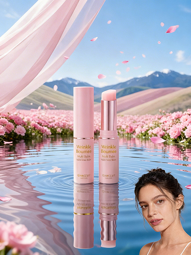 将提供的护肤品和模特自然融入之前生成的粉色花海水面背景中，严格要求不改变主体物的细节形状和文字，保持产品上的文字Wrinkle Boumee Multi Balm和NET WT完全不变，保持产品物理结构不扭曲。产品主体放置在画面中心水面上，保留倒影效果，背景为浪漫粉色花田、远山蓝天和飘动浅粉纱幔，空中飘着粉色花瓣。匹配背景光源方向，给产品和模特添加正确光影和投影，使用柔和漫反射环境色映射，消除边缘白边，实现真实物理融合。保持整体商业高调摄影，前中后景层次分明，整体清新通透风格。保留模特人像在画面右下角，自然融合进场景。