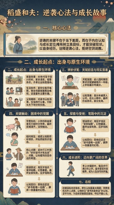 保留所有文字“稻盛和夫：逆袭心法与成长故事一、核心心法逆袭的关键不在于当下差距，而在于内在认知与成长定位；唯有树立高目标，才能突破现状。以自身经历，诠释逆袭心法，拒绝空洞说教。二、成长起点：出身与原生预览效果