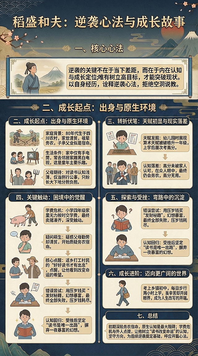 保留所有文字“稻盛和夫：逆袭心法与成长故事一、核心心法逆袭的关键不在于当下差距，而在于内在认知与成长定位；唯有树立高目标，才能突破现状。以自身经历，诠释逆袭心法，拒绝空洞说教。二、成长起点：出身与原生环境* 家庭背景：80年代生于四川农村，家世清贫，祖辈务农，子承父业似是宿命。* 生活条件：家中仅有手电筒，常去邻居家蹭黑白电视，这是童年主要乐趣。* 父母期待：对读书认知浅薄，仅当例行公事，只盼长大下地分担负担。三、转折伏笔：天赋初显与现实落差* 天赋发掘：幼儿园时展现算术天赋被破格升一年级，上学后屡次考高分。* 认知落差：高分未被家人认可，在众人眼中，最终仍会务农，高分无用。四、关键触动：困境中的觉醒* 学费危机：小学四年级家里无力按时交学费，最终卖猪凑齐，深受触动。* 疑问萌生：疑惑父母勤劳却清贫，开始质疑务农宿命。* 核心点醒：返乡打工村民的“好好读书才有出息”，点醒，让他看到改变命运的希望。五、探索与受挫：弯路中的沉淀* 错误尝试：用压岁钱买“发财秘籍”，幻想暴富，最终全部失败，压岁钱耗尽。* 认知回归：受挫后坚定“读书是唯一出路”，摒弃一夜暴富的幻想。六、成长进阶：迈向更广阔的世界考上乡镇初中，每日步行两小时上学，虽辛苦却开阔眼界，成为人生改写的开端。七、总结初期深陷务农宿命，原生认知是最大阻碍；学费危机与外人点拨，让他树立“读书改变命运”的认知，坚守方向，为后续逆袭奠定基础，呼应开篇心法。”，制作成古风风格的竖版长图，画面搭配符合文字内容的温馨怀旧插画，色彩沉稳雅致，排版清晰美观