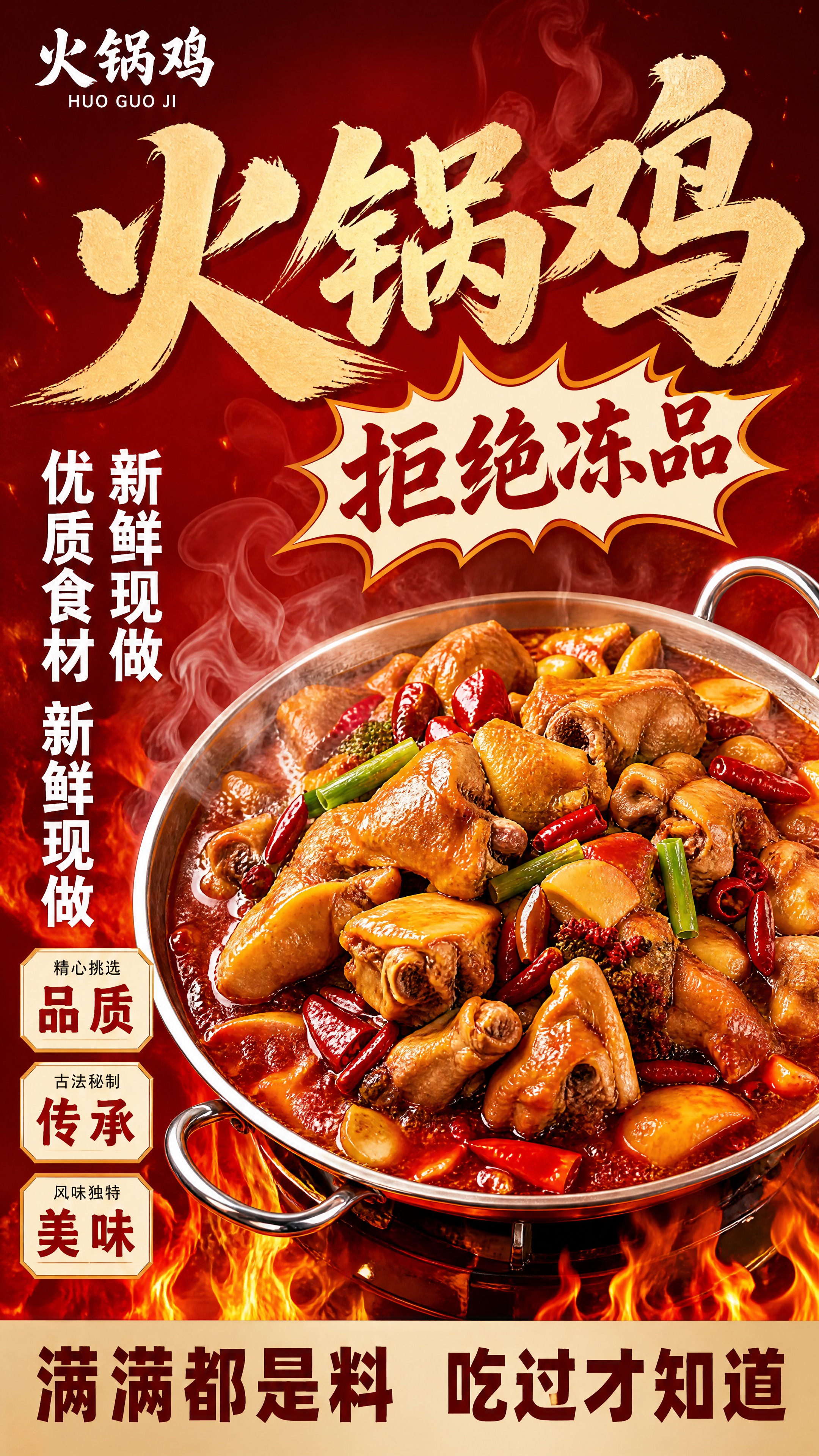 竖版美食促销海报，参考参考图的版式分区和构图进行复刻，整体红色… - 图片创意预览