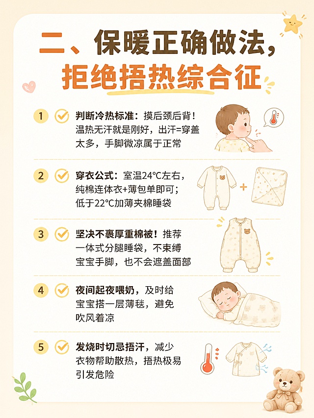 小红书第三页                                                                  二、保暖正确做法，拒绝捂热综合征

1. 判断冷热标准：摸后颈后背！温热无汗就是刚好，出汗=穿盖太多，手脚微凉属于正常

2. 穿衣公式：室温24℃左右，纯棉连体衣+薄包单即可；低于22℃加薄夹棉睡袋

3. 坚决不裹厚重棉被！推荐一体式分腿睡袋，不束缚宝宝手脚，也不会遮盖面部

4. 夜间起夜喂奶，及时给宝宝搭一层薄毯，避免吹风着凉

5. 发烧时切忌捂汗，减少衣物帮助散热，捂热极易引发危险