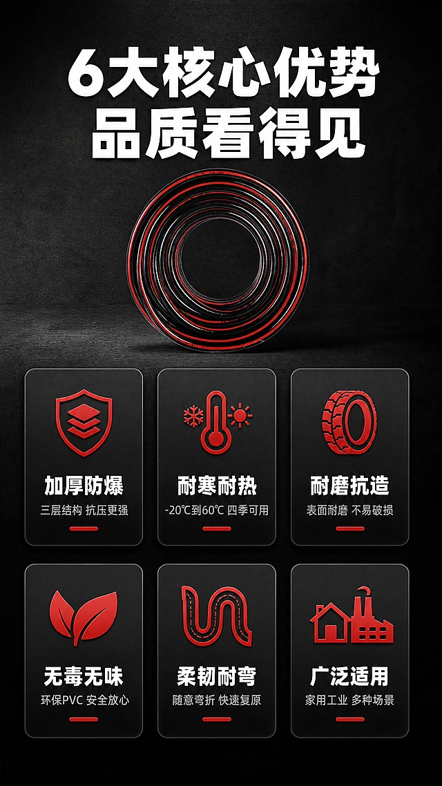 [商品] 使用【图1】黑红条纹PVC高压软管；保留成卷形态、黑红条纹配色、表面质感；缩小产品置于画面顶部，作为视觉锚点，不改变结构和颜色。
[画面] 页面目标：核心卖点总览，6大卖点图标化清晰传达；构图：顶部产品展示区+下方2行3列icon卖点卡；主体位置：画面顶部居中；主体占比：约25%；摆放角度：正面平视；景别：中景；阅读动线：从上到下，从左到右；前中后景：前景卖点卡片、中景产品图、后景深灰渐变背景；场景：深色工业风背景，卡片悬浮排列。
[视觉] 套系策略：风格=拼多多工业风硬核商业摄影；标题字=粗黑无衬线黑体（超粗）；正文字=常规无衬线黑体；主色=深黑+正红；背景延展=深灰到黑的渐变背景，带细微金属颗粒质感；强调色=亮红色，仅用于icon图形和标签底色；标题色=白色；正文色=浅灰色；组件=圆角深色卖点卡、红色线性icon、白色标题字；光影=均匀柔光，卡片带轻微投影。
[文字] 顶部主标题「6大核心优势 品质看得见」（10字，白色粗体），下方6个卖点卡，每卡含红色icon+白色标题+灰色小字：①加厚防爆「三层结构 抗压更强」②耐寒耐热「-20℃到60℃ 四季可用」③耐磨抗造「表面耐磨 不易破损」④无毒无味「环保PVC 安全放心」⑤柔韧耐弯「随意弯折 快速复原」⑥广泛适用「家用工业 多种场景」；文字全部横排，手机端清晰可读。
[规格] 图片比例9:16竖版，4K分辨率，负向提示：避免变形、错字、文字过小、竖排文字、冷蓝背景、拼多多logo、连续同构。