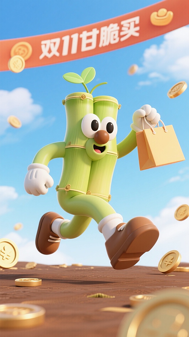 软3D风格竹笋拟人形象，卡通可爱，手持购物袋奔跑，金币飞舞，喜庆促销氛围浓厚，双11主题鲜明。