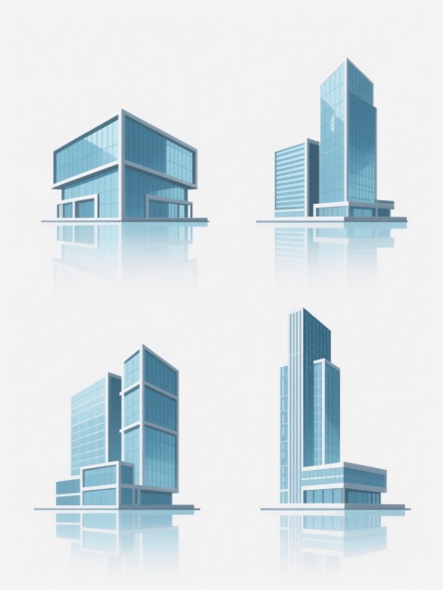 极简风格城市建筑群插画，4个完全不同形状的现代城市建筑系列素材集合，规整排布，纯色背景，保持原现代建筑元素内容，变换画面整体色彩，白色背景，建筑具有光滑玻璃幕墙质感，金属框架细节，清晰的建筑轮廓，几何形状构成，建筑底部有水面倒影效果，简洁明快的线条，扁平化设计风格，无任何文字和标识。预览效果