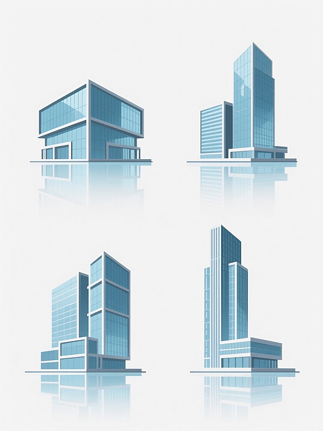 极简风格城市建筑群插画，4个完全不同形状的现代城市建筑系列素材集合，规整排布，纯色背景，保持原现代建筑元素内容，变换画面整体色彩，白色背景，建筑具有光滑玻璃幕墙质感，金属框架细节，清晰的建筑轮廓，几何形状构成，建筑底部有水面倒影效果，简洁明快的线条，扁平化设计风格，无任何文字和标识。