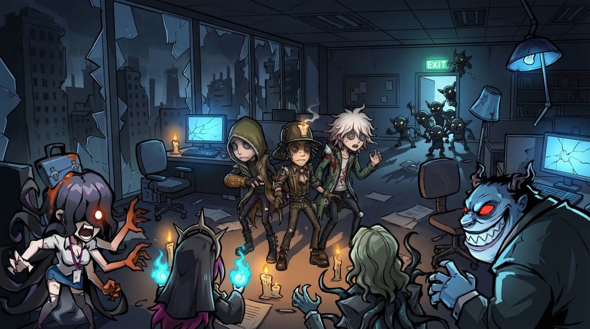 美式卡通Q版画风，粗黑描边，线条硬朗，暗黑恐怖+黑色幽默的末世题材，参考游戏第五人格风格。构图有趣夸张，有前景、中景、远景。画面为深夜办公室场景，有落地窗、破碎的灯光，主角团的人物（参考图1、图2、图预览效果