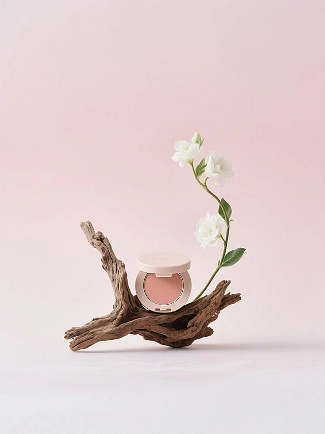 以渐变浅粉色为背景，用造型古朴的枯木作为主体架构，嵌入带盖腮红盘，搭配带白色花朵、绿叶的弯曲花枝