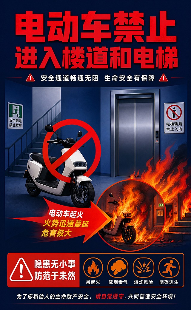安全宣传海报设计，竖版74x120cm（比例约3:5）。大标题"电动车禁止进入楼道和电梯"，红色加粗大字，位于画面上方。画面用简洁的警示插画表现主题：一辆电动车旁有红色禁止标志，背景画出楼道和电梯门场景，电动车一侧用放大箭头和火焰图形示意起火危害、火势会迅速蔓延增大，整体为扁平化安全宣传画风。色彩以深蓝背景、红色和橙色警示色为主，视觉冲击力强。专业安全宣传海报设计风格，文字准确清晰，高清输出