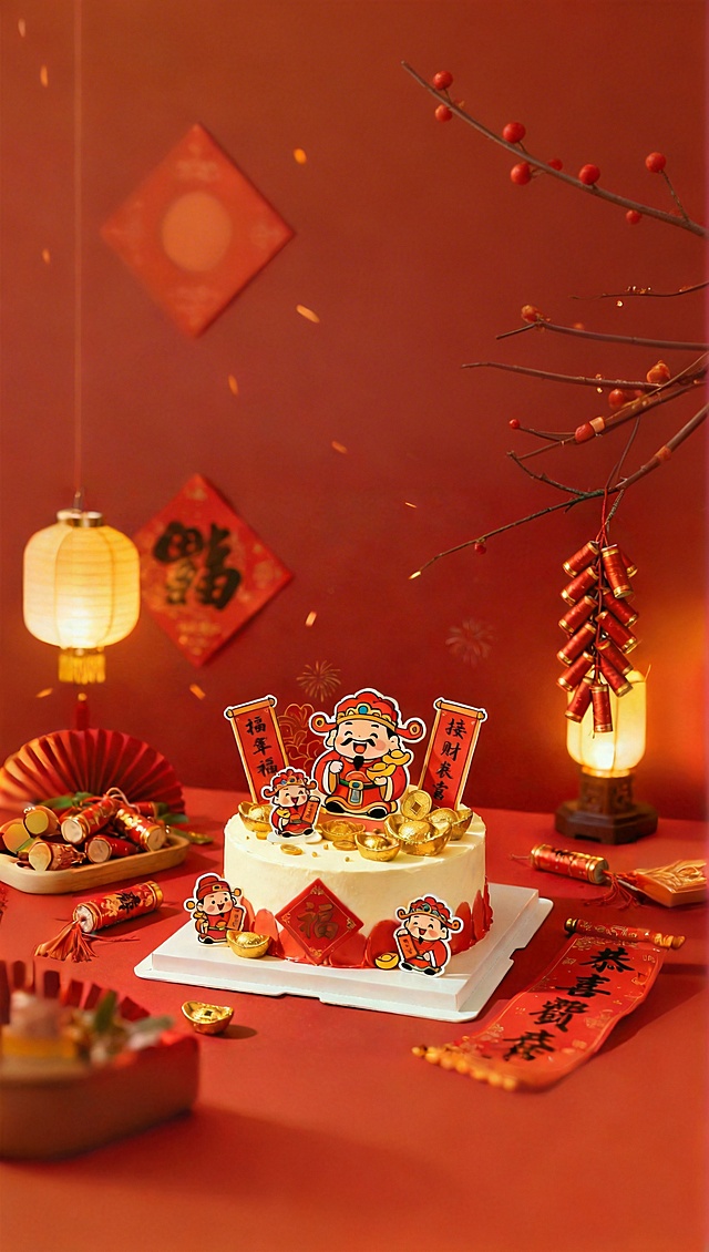 喜庆红金配色，卡通财神与软3D蛋糕结合，国潮风元素融入拼贴设计，鎏金元宝点缀，营造浓厚春节氛围。
