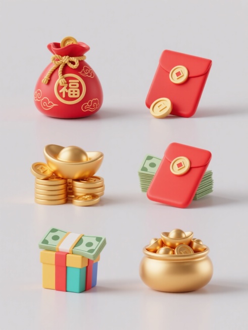 3D喜庆风格的简约现代设计，六个规整排布的3D立体元素，包含红色福袋（带有金色绳结和祥云纹，袋口露出金币）、红色红包、堆叠的金色元宝金币、彩色礼盒、一沓钞票、聚宝盆，整体造型圆润光滑，主色调为红色与金色，色彩鲜亮明快，统一的3D塑料质感，高光和阴影清晰，纯色背景，无任何文字、logo和水印。预览效果