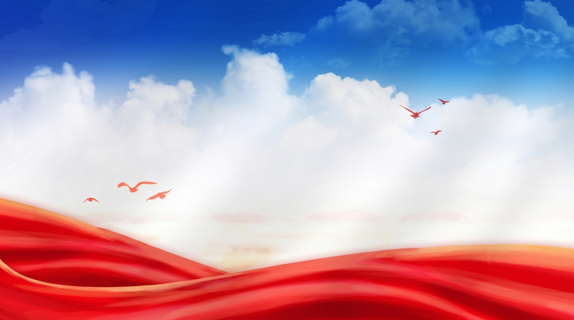 生成类似参考图的党政党建背景，上方是蓝天白云渐变，下方是飘动的红色丝绸缎带，点缀红色飞鸟剪影，不要添加任何文字，保持整体大气庄重的红色党建风格预览效果