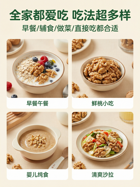 [吃法展示页] 多种食用方式
[氛围风格] 生活化温馨场景，真实自然，食欲感强
[画面元素] 商业摄影质感，光线柔和通透，产品清晰真实，画面干净高级。分四个小区域展示四种吃法：左上角搭配牛奶燕麦当早餐预览效果