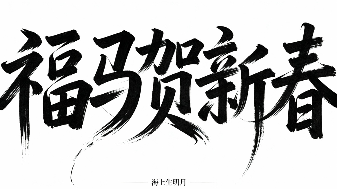 参考图中黑色字体的字形，生成文字“福马贺新春”，白色背景。字形可以再飘逸个性一些，增加一些拖尾和粗细变化预览效果