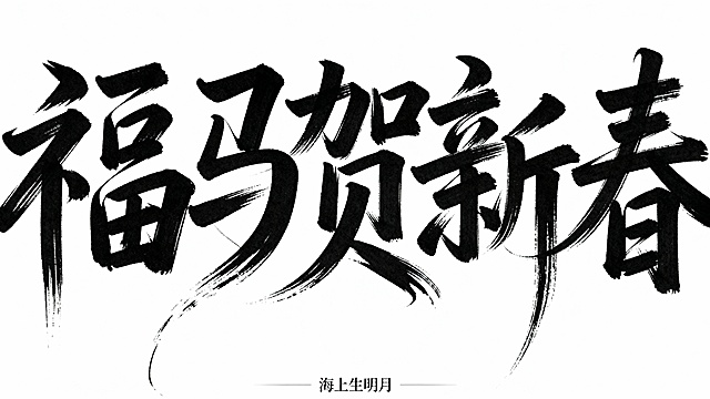 参考图中黑色字体的字形，生成文字“福马贺新春”，白色背景。字形可以再飘逸个性一些，增加一些拖尾和粗细变化