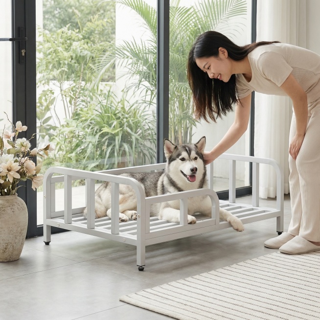浅灰色金属框架狗床，保持原产品物理结构绝对不变，床下面没有轮子，床腿没有额外东西，床上没有床垫。产品主体不变形不扭曲。
平视构图，主体放置在入户客厅的浅灰色水泥砖地面，背景是整面的落地大玻璃窗，窗外可预览效果