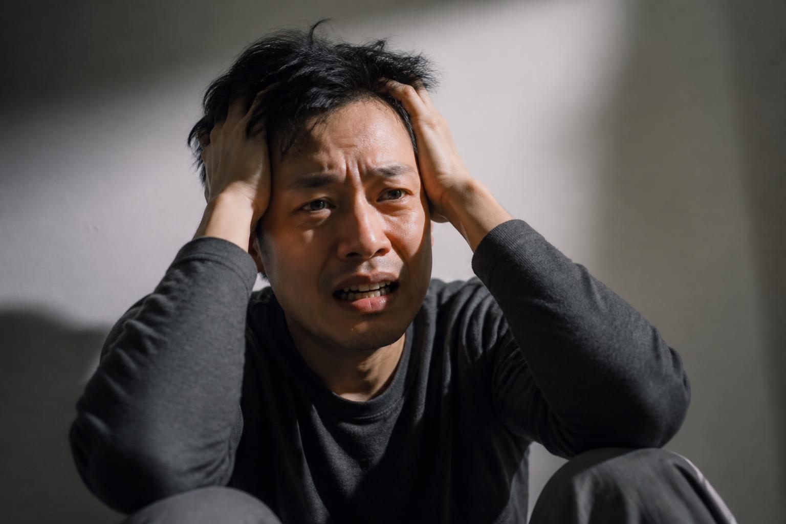 一个人双手抱头，表情非常焦虑痛苦，眉头紧锁，眼神慌乱，身体微微… - 图片创意预览