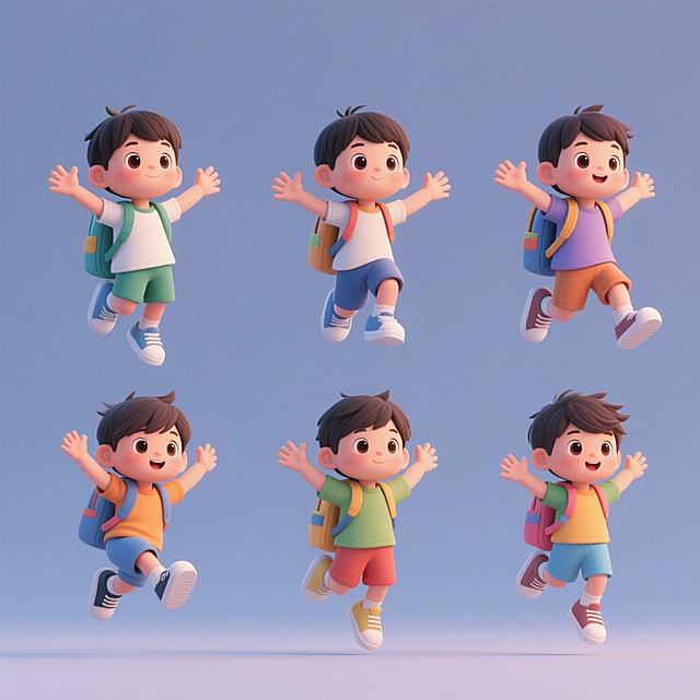 6个完全不同造型的同元素内容系列素材集合，每个造型均为3D卡通风格的亚洲小男孩，保持短发、圆脸、大眼睛、张开双臂跳跃的动态姿势，穿着短袖上衣、短裤、运动鞋和背包的核心元素，整体采用纯色简约背景，每个造型在保持相同基础风格和元素内容的前提下变换整体色彩搭配，采用规整的网格排布方式，画面具有清晰的视觉层级和信息传达效率，符合儿童主题的可爱设计感。