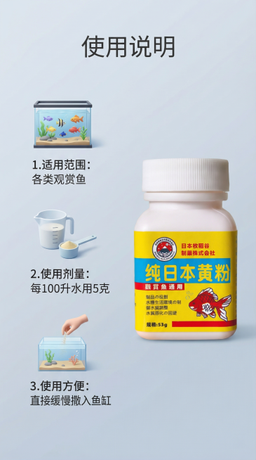 [主图4 使用说明] 左侧垂直排列使用说明要点：1.适用范围：各类观赏鱼 2.使用剂量：每100升水用5克 3.使用方便：直接缓慢撒入鱼缸，每个要点搭配简约微立体小图标，右侧放置完整产品瓶身，背景为柔预览效果