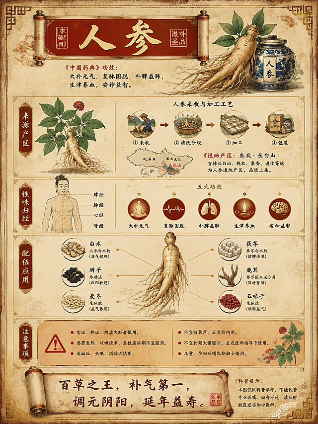 中国传统水彩工笔插画风格，古典宣纸米黄色底，朱红金色为主色调，精细手绘插图，古典卷轴边框装饰，竖版3:4比例，中医药人参信息图谱排版，高收藏价值感。六段式纵向布局，金色线条分隔各区。顶部：描金卷轴展开，深朱红横幅上毛笔大字"人参"，两侧朱砂印章，下方行书小字标注《中国药典》功效"大补元气，复脉固脱，补脾益肺，生津养血，安神益智"。右上角精细水彩写实人参插图，旁配青花瓷药罐，顶部外框描金双线回纹边框，四角云纹角花。来源产区区：左侧水彩绘制人参原草本植物，右侧流程图展示人参采收、清洗分级、加工、包装四步工艺，底部简化东北地图标注长白山等道地产区。性味归经区：左侧淡墨中医经络人体图，金色虚线标注脾经、肺经、心经、肾经四条归经路线，右侧五个朱红圆框功效图标，分别对应五大功效图案与文字。配伍区：中央人参大图向外放射六条金色连线，末端绘白术、附子、麦冬、茯苓、鹿茸、五味子六味药材小图，标注对应配伍方剂名称。注意事项区：橙黄色底框配朱红警示三角，列出人参使用注意事项。底部描金卷轴内书写行书"百草之王，补气第一，调元阴阳，延年益寿"，右下角小字标注科普提示。整体朱红金黄米黄主色调，局部翠绿深蓝点缀，宣纸做旧边缘晕染，高级手工典籍质感。