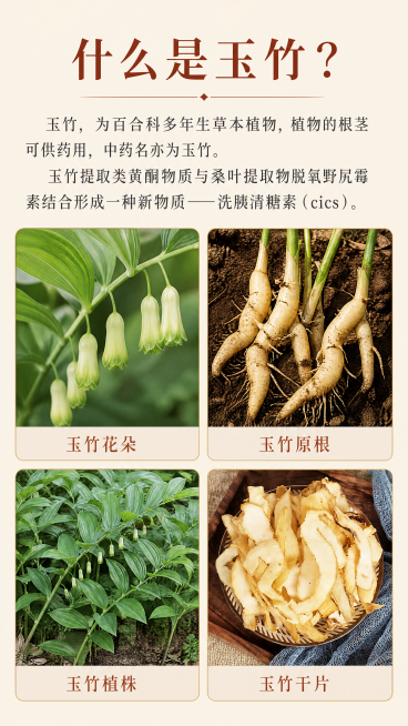 [第3屏] 产品百科屏-介绍什么是玉竹。
[氛围/风格] 知识科普风格，清晰明了，图文结合，自然清新。
[元素布局] 上方大标题什么是玉竹？棕红色，下方说明文字，再下方四宫格展示玉竹不同形态：花朵、原预览效果
