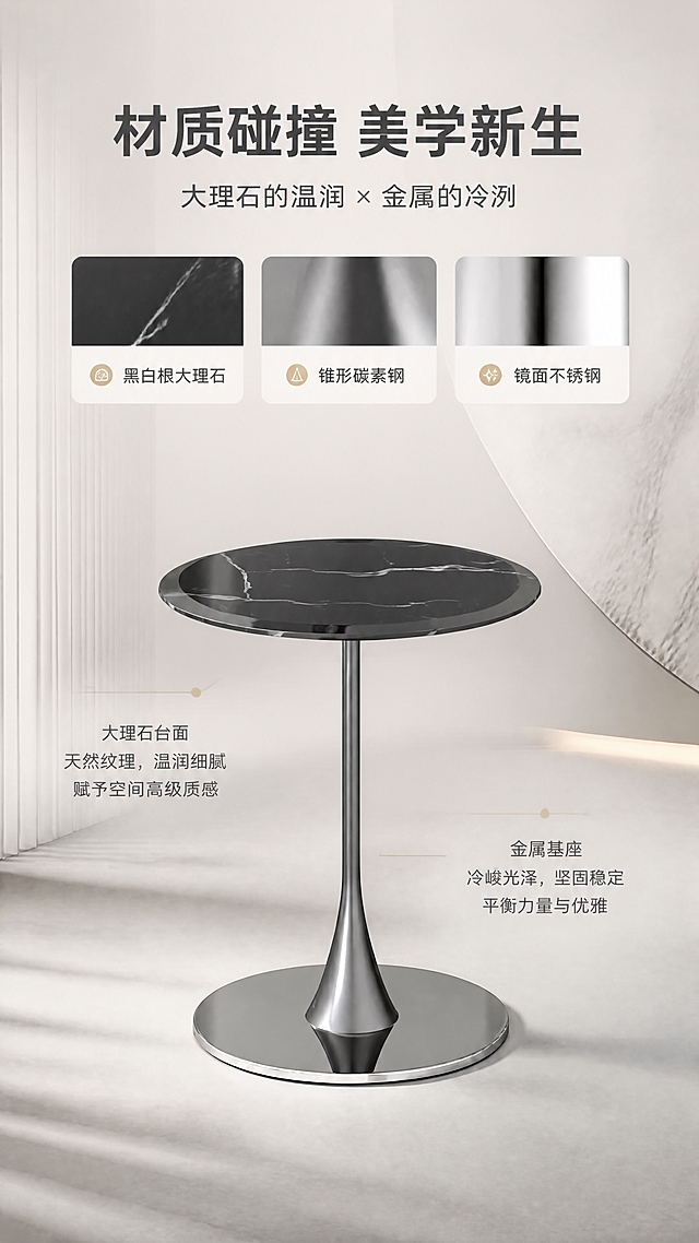 [商品] 使用【图1】DJ-8827角几；保留圆形台面、锥形立柱、圆形底盘的整体结构；保留黑白根大理石台面的黑色纹理、碳素钢立柱的枪灰色、不锈钢底盘的镜面银色；保留18MM台面厚度比例；不改变产品造型和材质颜色。
[画面] 目标：设计美学页，讲述大理石与金属的材质碰撞设计理念。构图：上下分区，上半区文案+材质色块，下半区产品居中展示。主体位置：画面下半部居中。主体占比：约50%。摆放角度：正面微侧30度。景别：中景。阅读动线：从上到下。前中后景：前景产品、中景浅灰渐变背景、后景材质纹理装饰。场景：极简展示空间，突出材质对比与设计感。
[视觉] 套系策略：风格=现代轻奢商业摄影；标题字=现代无衬线粗体；正文字=简洁无衬线体；主色=米白+浅灰；背景延展=基于米白浅灰做深浅层级、同色渐变和细腻石材/金属质感；强调色=香槟金，仅用于小面积图标、引线和标签；标题色=深炭灰；正文色=中暖灰；组件=圆角浅底信息卡、细线引线；光影=左前侧暖柔光，金属反光自然。
[文字] 顶部文案区：主标题「材质碰撞 美学新生」，副标题「大理石的温润 × 金属的冷冽」，下方3个材质标签「黑白根大理石」「锥形碳素钢」「镜面不锈钢」。底部产品两侧配简短设计说明。文字横排，不遮挡产品。
[规格] 图片比例9:16竖版，4K分辨率，负向提示：避免变形、错字、文字过小、冷蓝背景、产品颜色改变、结构失真、极限词。