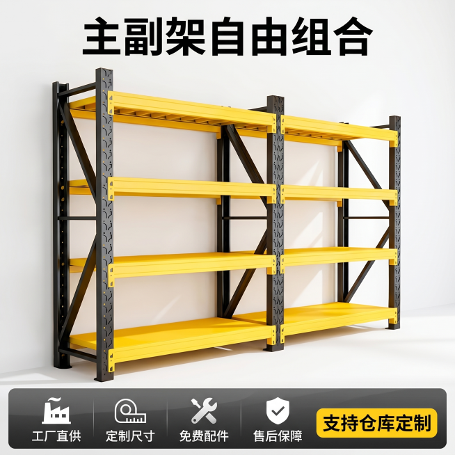 [主图-5] 货架规格组合服务展示
[氛围风格] 清晰直观，促进下单转化
[画质] 商业摄影清晰质感，画面干净高级，超高清
[元素] 主图展示主副架组合的黄黑货架，保持外观材质颜色与原图一致，产品占比预览效果