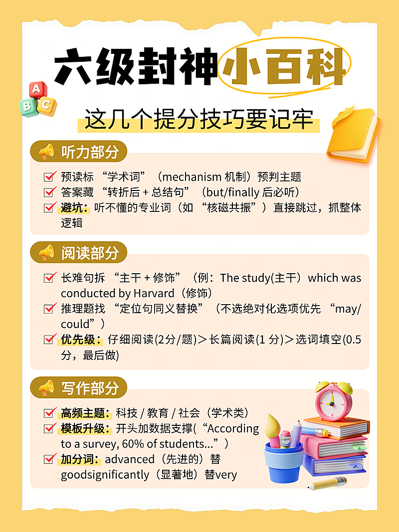 卡通风英语六级考试学习知识分享小红书配图