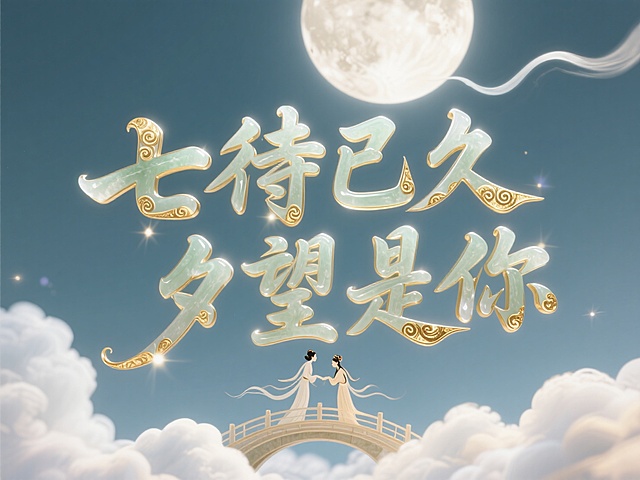 画面呈现七夕氛围，明月高悬，祥云缭绕，牛郎织女于鹊桥相会，“七待已久 夕望是你” 字样精致，尽显浪漫与对美好情缘的期许。