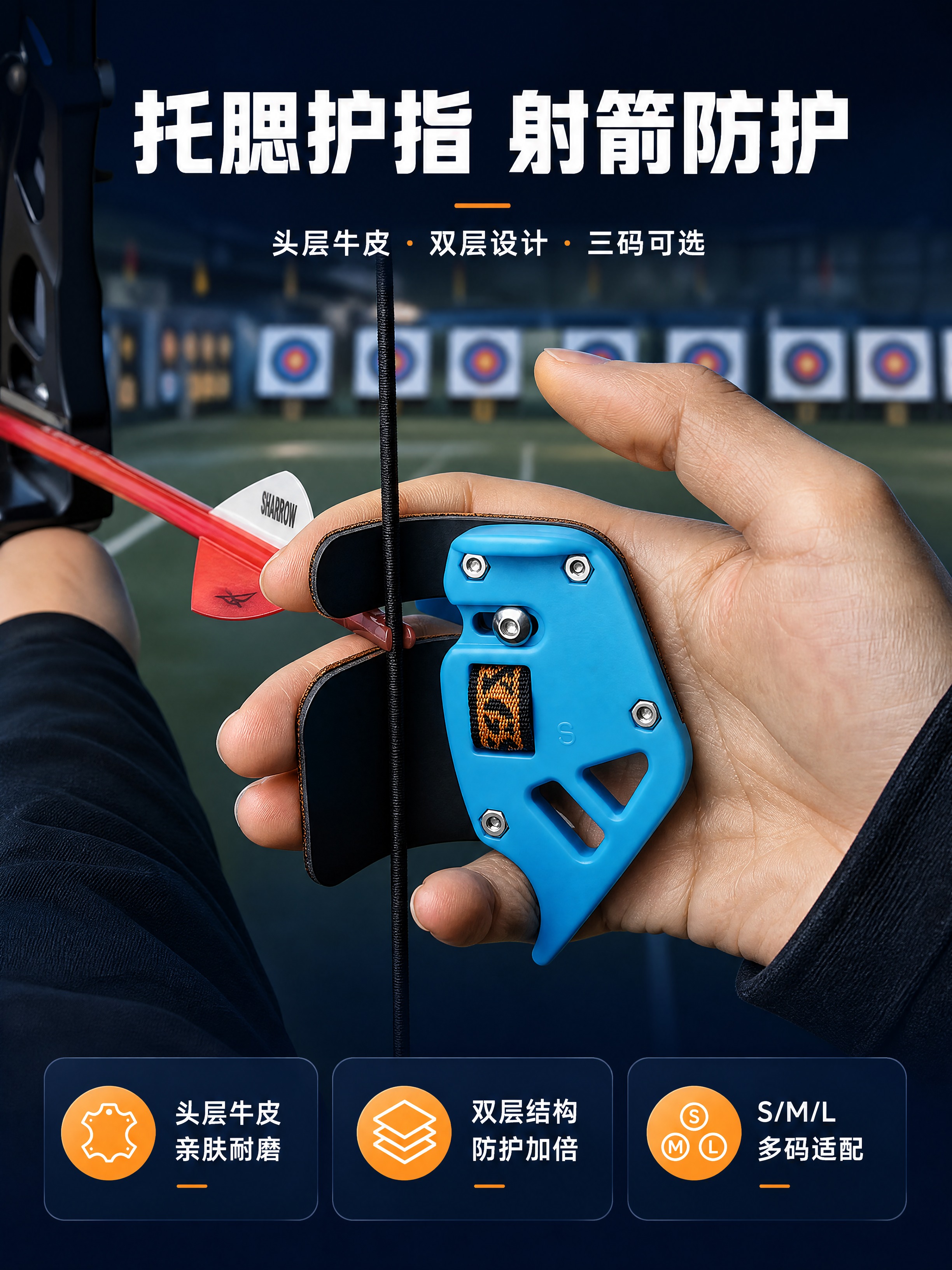 [商品] 使用【图1】蓝色款托腮护指，佩戴于右手拉弦姿势；保留… - 图片创意预览