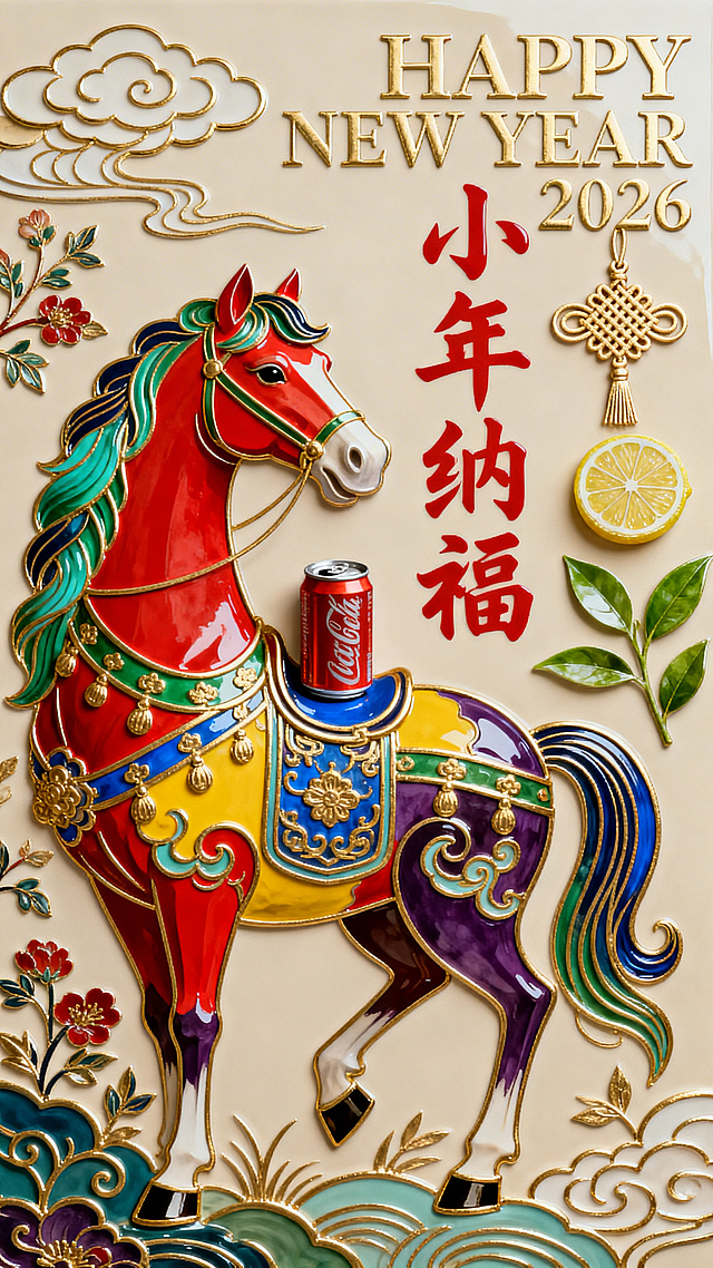 2026 丙午马年春节小年海报，左侧是色彩鲜艳的彩马（正红 + 翠绿 + 宝蓝 + 明黄 + 深紫配色，马背上是易拉罐，带祥云、缠枝花卉传统纹样，金色勾边），背景为浅米色；右侧上方是浅金色 “HAPPY NEW YEAR 2026” 英文底纹，中间是红色书法字体 “小年纳福”，；最右侧是浅金色中国结、柠檬、绿茶叶装饰，整体色调雅致喜庆，传统纹样与现代设计结合。