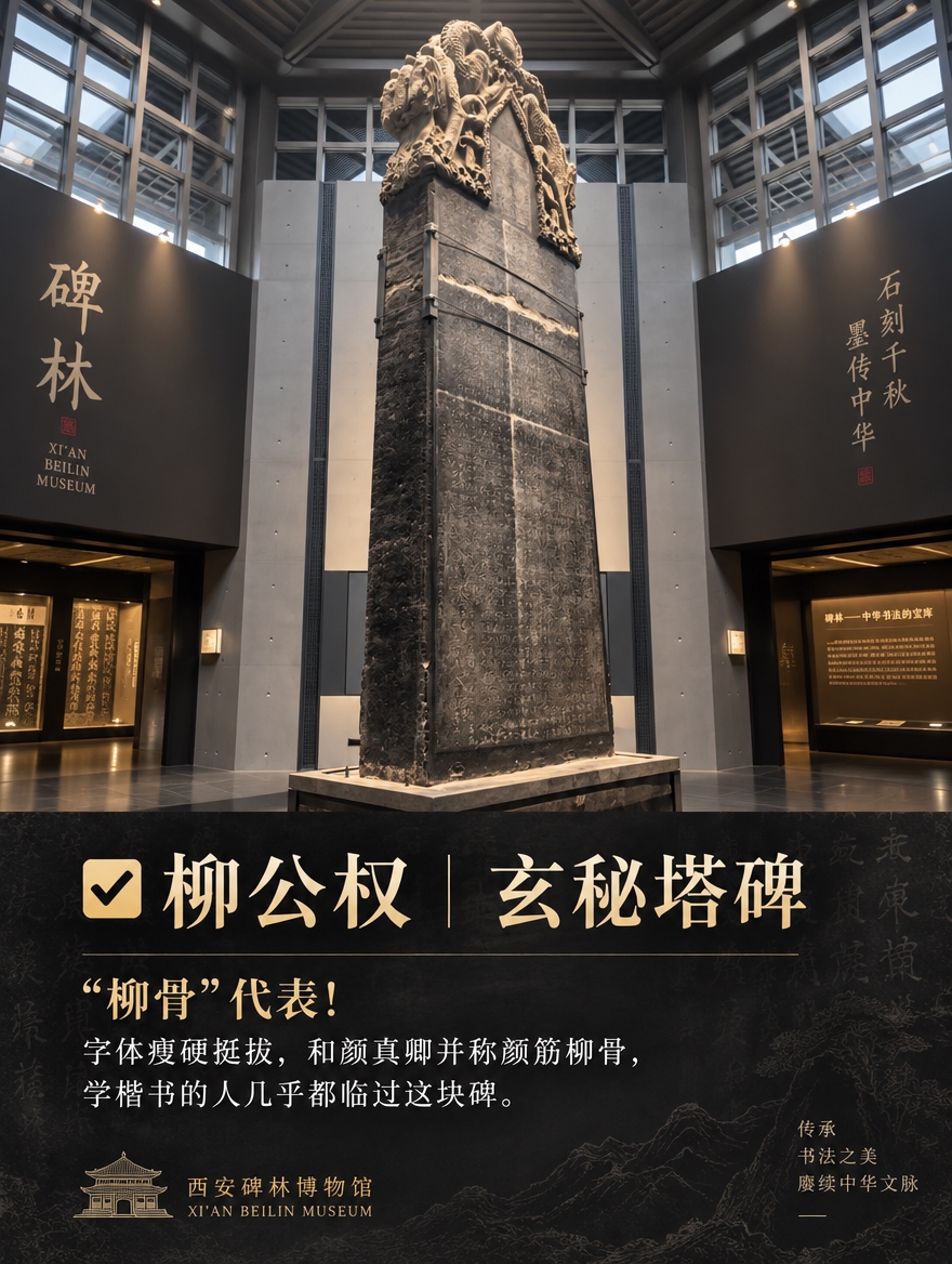 基于这张玄秘塔碑实拍图，制作成3:4竖版书法文物介绍图，碑林博… - 图片创意预览