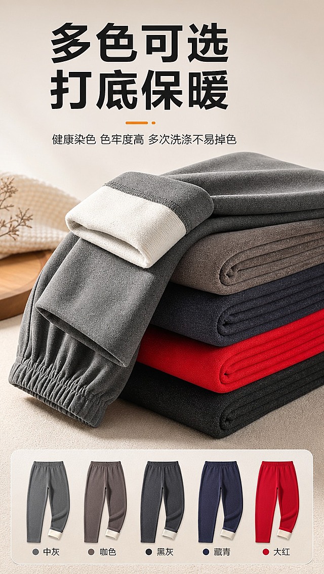 [商品] 使用【图3】男士德绒保暖裤多色叠放展示；保留中灰、咖色、藏青、大红、黑灰5种颜色、松紧腰头、内层白绒、面料材质和版型；自然理顺叠放形态，增强各颜色面料质感，不改变颜色和结构。
[画面] 目标：多色全家福展示，突出丰富选择。构图：上方文字区，中间多色叠放产品主体，下方小图展示5色平铺小图。主体占画面65%。背景为浅灰色渐变，干净突出产品。
[视觉] 套系策略：风格=国内电商暖调高级商业摄影；标题字=粗黑无衬线简体中文；正文字=常规无衬线简体中文；主色=深炭灰+暖棕；背景延展=基于暖棕、米灰做深浅层级、同色渐变和细腻织物/木纹质感；强调色=暖橘红，仅用于小面积图标、引线和标签；标题色=深炭灰；正文色=中暖灰；组件=圆角暖底信息卡、细线引线、暖光光晕；光影=左前侧暖柔光，柔和阴影。
[文字] 顶部主标题「多色可选 打底保暖」，副标题「健康染色 色牢度高 多次洗涤不易掉色」。下方5色小图标注颜色名称：「中灰」「咖色」「黑灰」「藏青」「大红」。
[规格] 图片比例9:16竖版，4K分辨率，medium质量。避免变形、错字、文字过小、冷蓝背景、颜色偏差、版型失真、模特、人物。