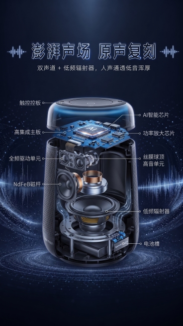 这张图展示印象内部刨面图，显示科技感，内部构造，芯片和发声系统预览效果
