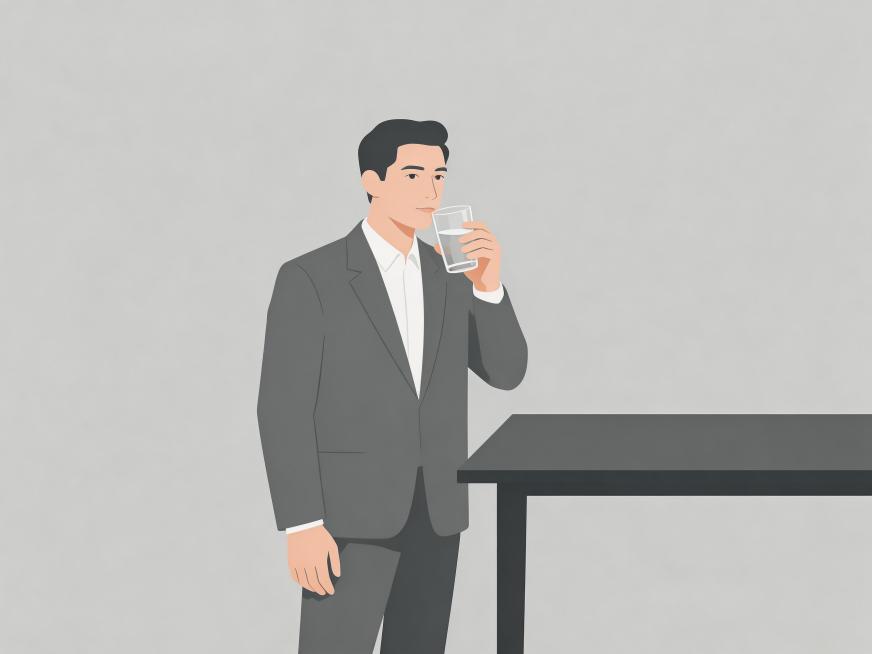 彩色扁平极简插画风格，单一主体人物，现代室内场景，线条干净流畅、人物比例真实自然，无纹理、无渐变、无文字、无几何装饰；大面积纯色低饱和冷灰色背景，营造沉稳氛围；人物站立靠近桌边，背部挺直、肩膀放松，一预览效果