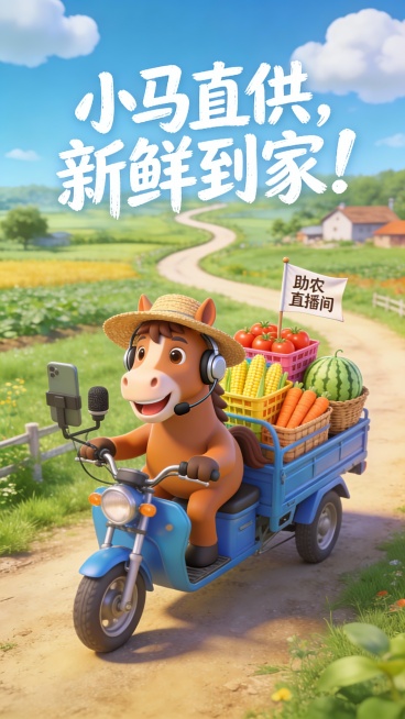 2.5D，充满童趣和田园风格，主角是一匹拟人化的、笑容灿烂的棕色小马，戴着草帽和耳机麦克风，正在直播。它骑着一辆蓝色的三轮小货车，车后满载着色彩鲜艳的农产品：一筐筐玉米、番茄、胡萝卜、西瓜。背景是蜿蜒预览效果