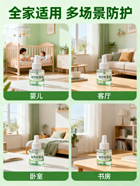 [主图 4] 电热蚊香液多场景适用展示
[氛围风格] 温馨生活化场景，真实代入
[画质] 商业摄影质感、光线柔和通透、产品清晰真实、画面干净高级
[元素] 四宫格布局展示四个适用场景：婴儿房、客厅、卧预览效果