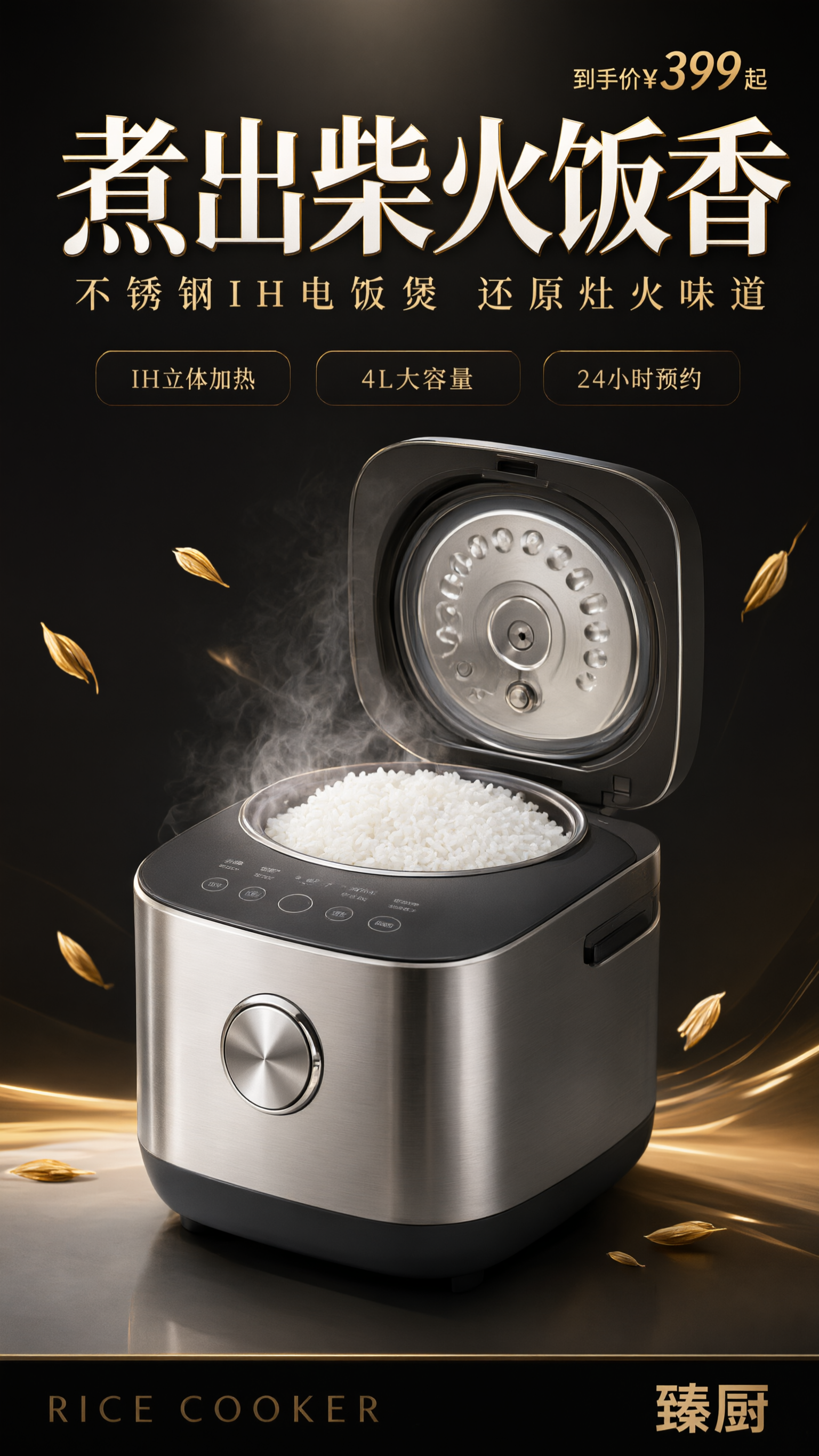 电商详情页头图海报，不锈钢电饭煲新品宣传。参考电压力锅详情页的… - 图片创意预览
