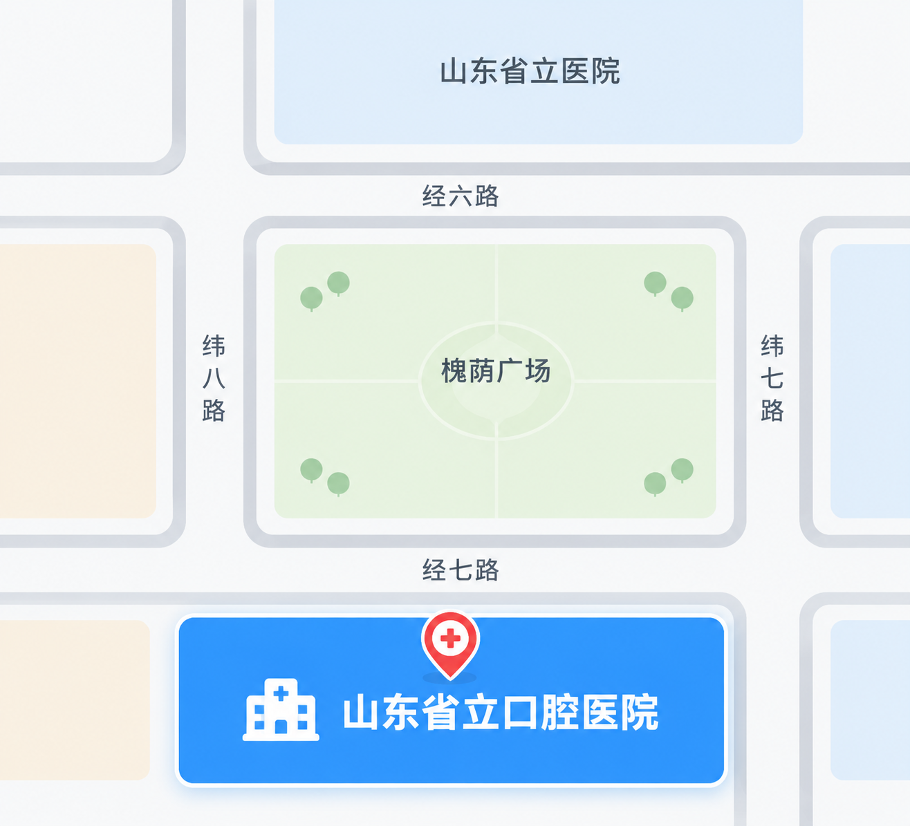 基于这张现代简约风格的地图导引图，重点突出标注"山东省立口腔医… - 图片创意预览