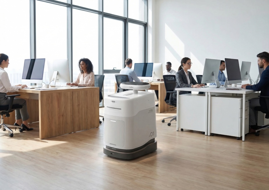 A sleek white Nubo A01 office robot navigates smoothly through a bright, minimalist open-plan office预览效果