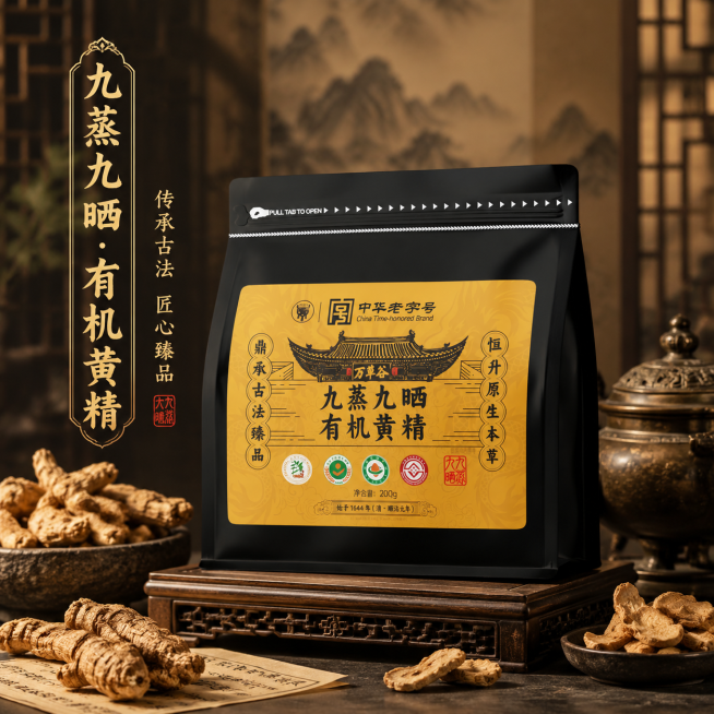 将这袋有机黄精产品放在高端古风场景中，周围摆放黄精原料，整体风格高端大气，古韵典雅，突出产品品质预览效果