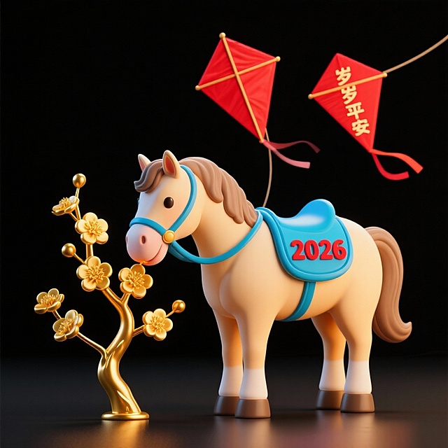 卡通小马低头轻嗅身前的金色梅花枝，蓝色鞍具上印红色 “2026” 字样，身后飘着 2 只红色纸鸢，纸鸢上写 “岁岁平安”，纯黑色背景