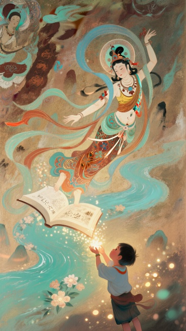 敦煌飞天壁画风格，一位“知识女神”形象的飞天，飘逸的丝带化作书卷和河流，她向人间洒下智慧的花朵和光芒，下方有孩童仰头承接。浓郁的色彩，华丽的纹样。预览效果