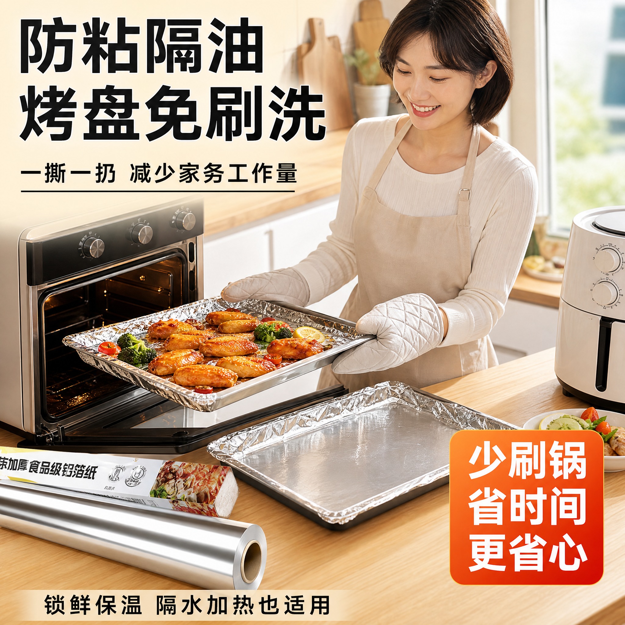 [主图-4] 真实厨房使用场景图，展示锡纸防粘隔油、烤盘免刷洗… - 图片创意预览