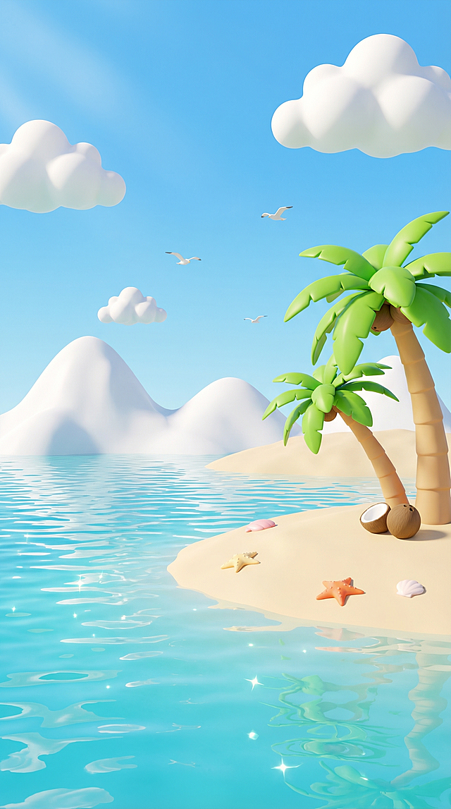 清新梦幻的软3D风海岛，卡通感椰树与海星点缀沙滩，虚拟自然光影交织，清爽治愈，夏日氛围满分。