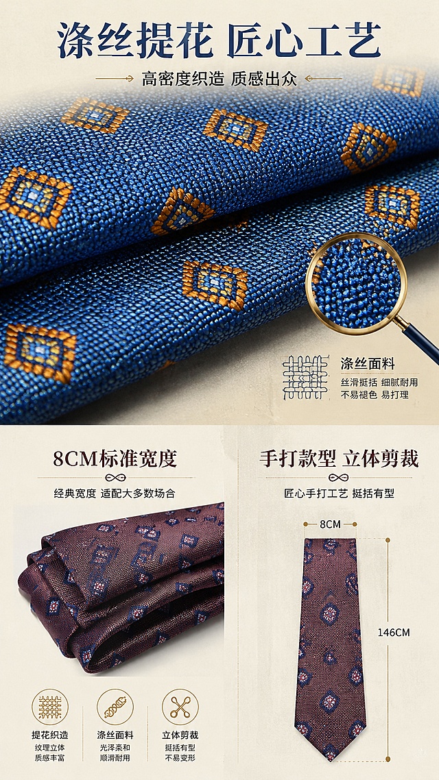 [第3屏] 工艺细节页-涤丝提花面料与8CM版型解析。本屏使用【图3】折叠领带细节图作为面料微距展示主体。
[氛围/风格] 复古绅士商务风，高级质感，细节特写，专业精致。
[元素布局] 画面上半部分为蓝底菱形格纹领带的面料微距特写，展示提花织纹的细腻质感，占比约50%；下半部分左侧为酒红菱形格纹领带折叠细节，右侧为版型尺寸标注；背景为浅米色带细腻纹理；点缀放大镜图标、面料纱线示意；领带的面料纹理、颜色、折叠形态与输入产品图一致。
[光影质感] 顶部柔和漫射光，突出面料的织纹立体感和光泽感，折叠处有自然阴影，层次分明。
[配色色系] 全局底色 #F5EFE6（浅米咖色）；主色深蓝、酒红；辅助色金色、深棕。
[视角构图] 上半部分俯视微距，下半部分平视展示，阅读动线上面料特写 → 下版型解析。
[文字版式] 版式为上下结构。上部主标题「涤丝提花 匠心工艺」，副标题「高密度织造 质感出众」；下部左侧标注「8CM标准宽度」，右侧标注「手打款型 立体剪裁」；配2-3个工艺图标：提花织造、涤丝面料、立体剪裁；文字清晰不遮挡产品细节。
[比例分辨率] 9:16 竖版比例，4K分辨率，文字清晰可辨，高清画质。
[负向提示词] 面料纹理变形，颜色偏差，水印，文字过小，文字错乱，背景杂乱，产品模糊。
